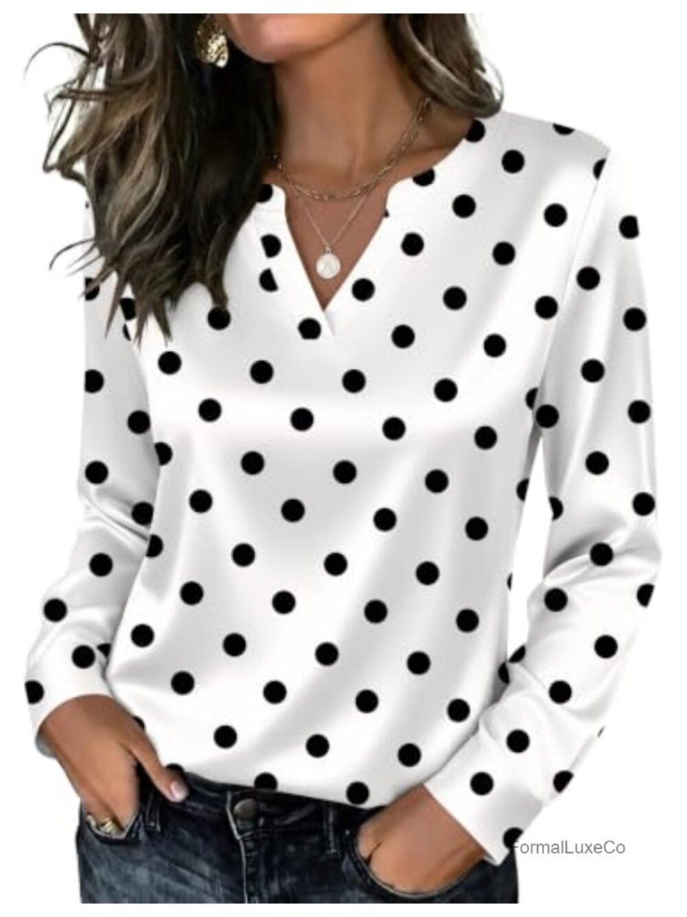 Satin V-Neck Long Sleeve Blouse Button Cuff Office Casual Top